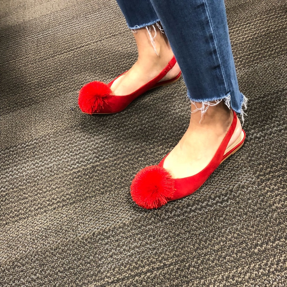 Darling Red Flats with Poof Ball Toe